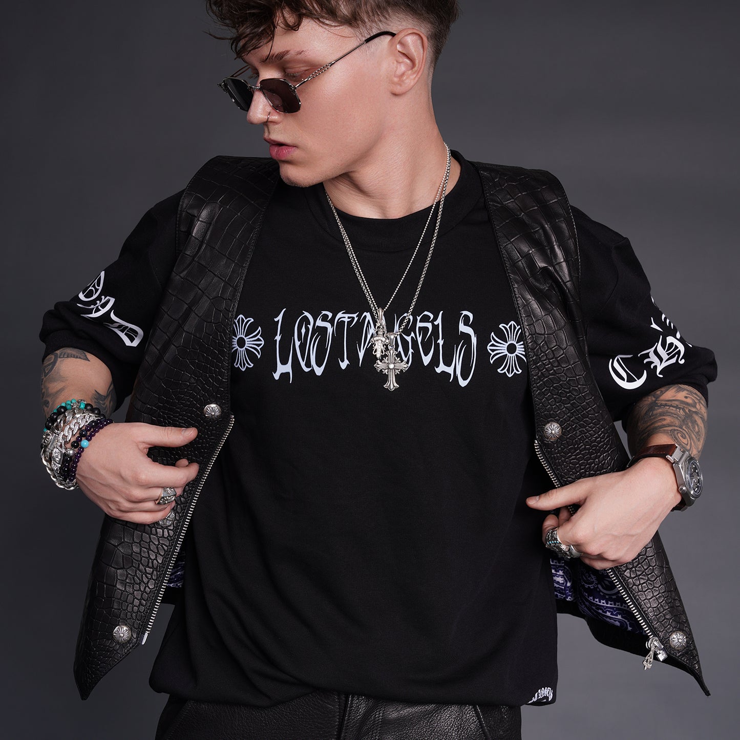 A&G Black Leather Star Vest