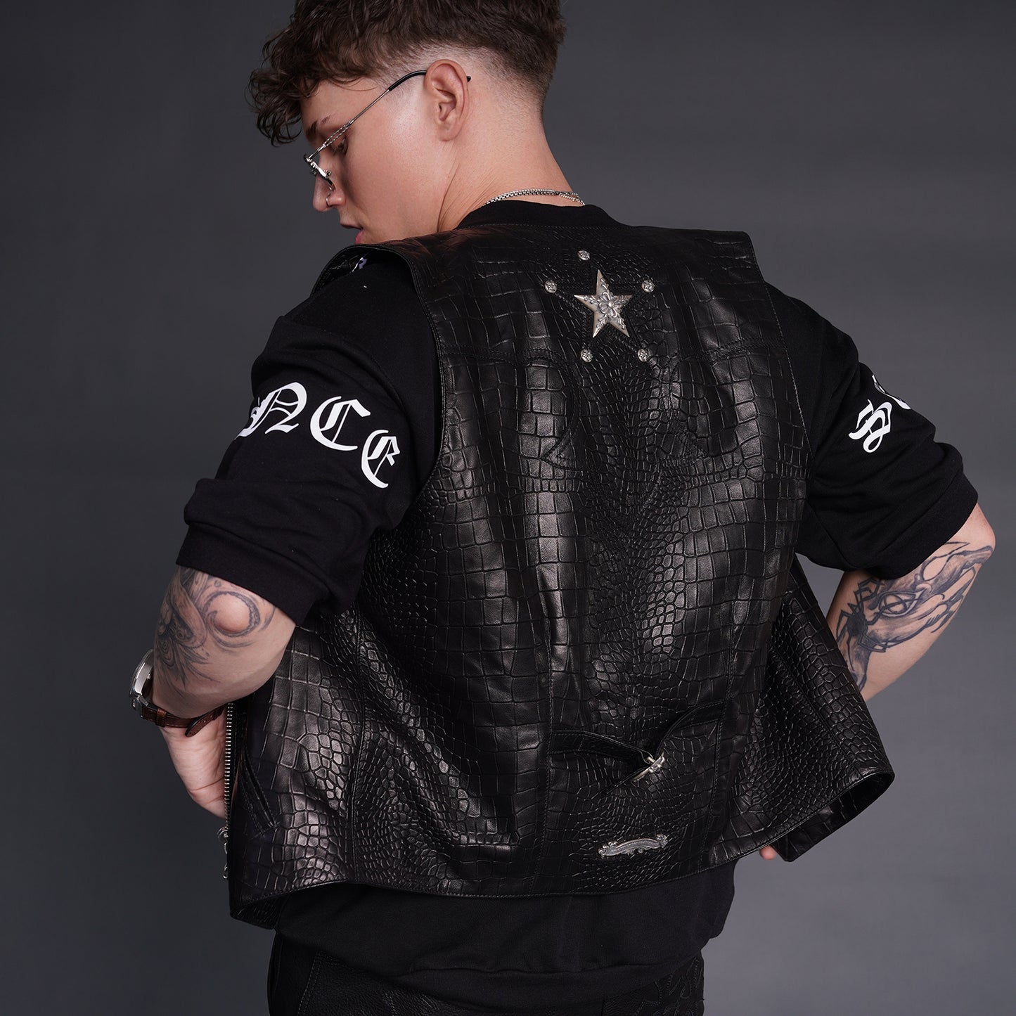 A&G Black Leather Star Vest