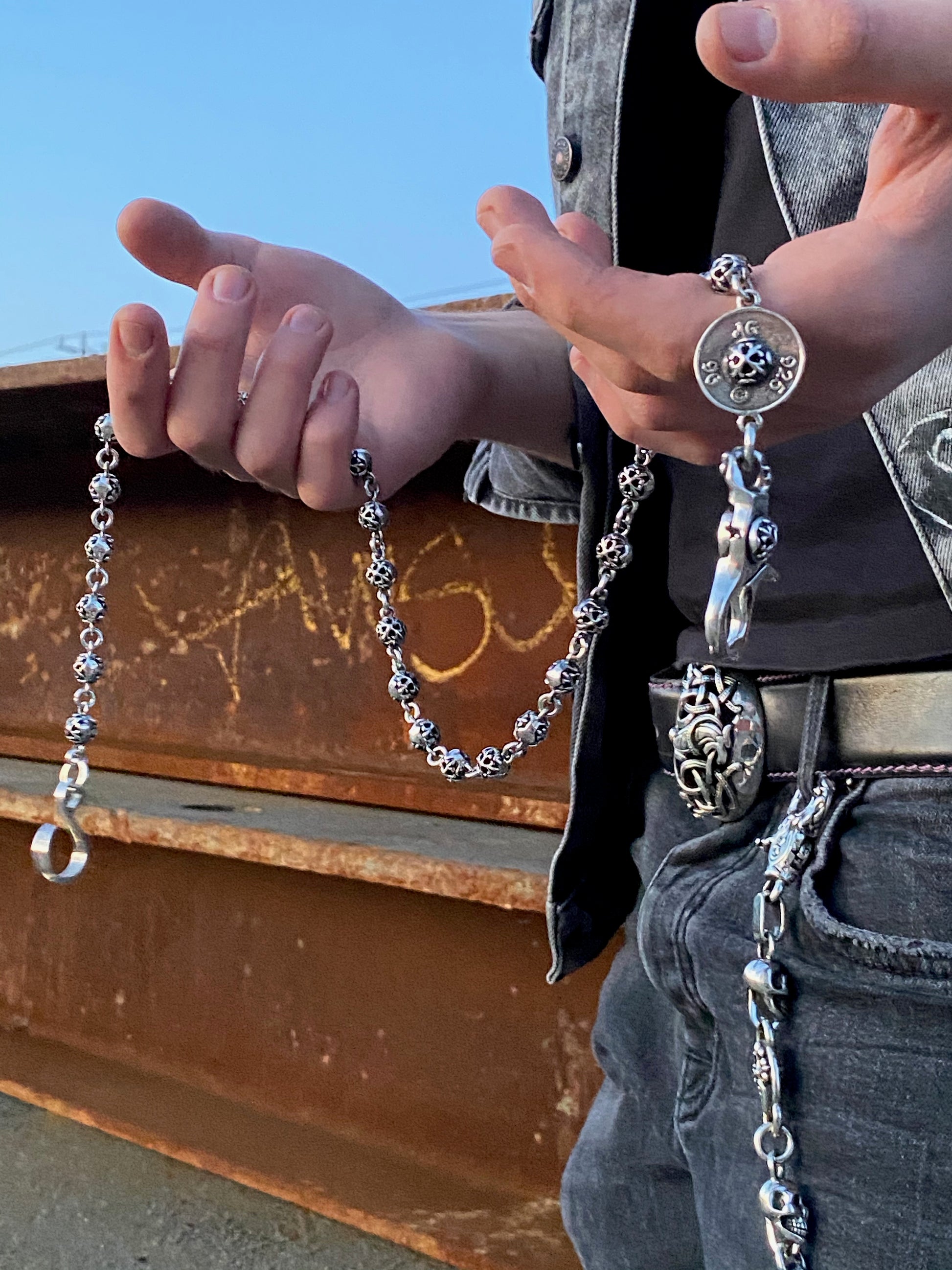 Fleur de Lis Sterling Silver Beaded Wallet Chain