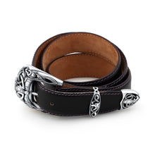 Load image into Gallery viewer, 3-piece Filigree Sterling Silver Belt Buckle with leather belt
